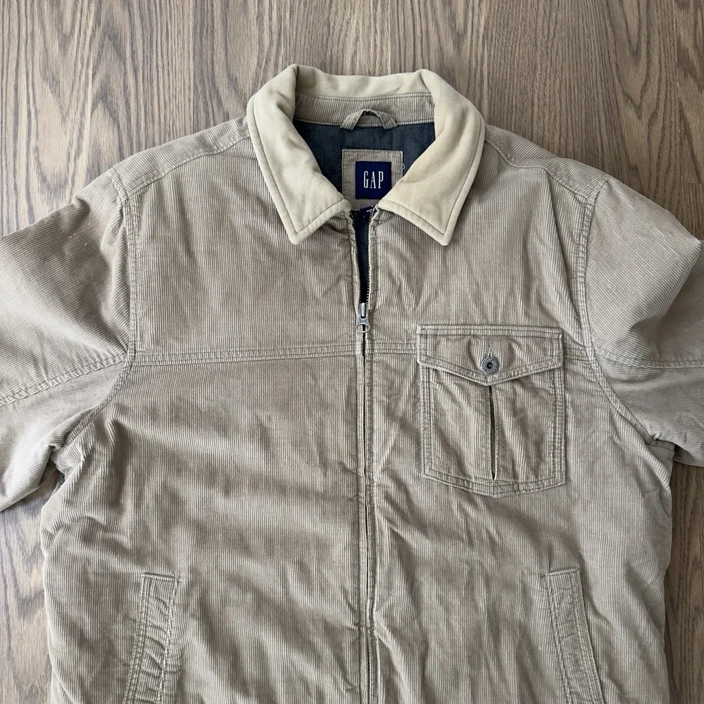 Vintage GAP Jacket Mens L Beige Corduroy Collared Bomber Full Zip Lined Y2K 00s